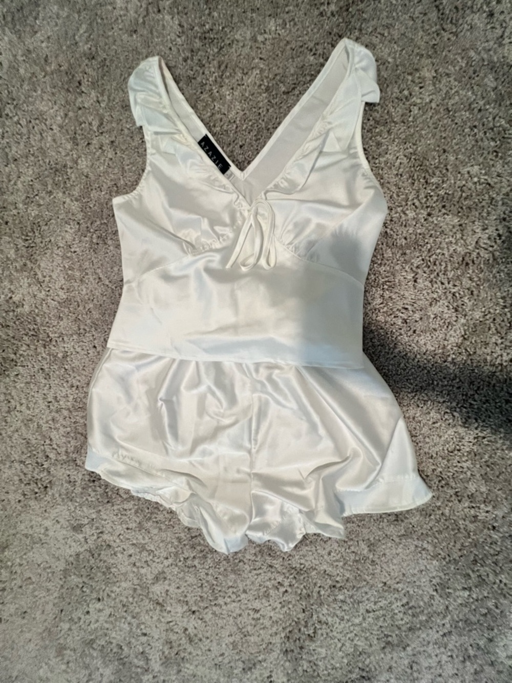 Azazie Satin Ruffle-Trim Cami & Short Set - White - Picture 3 of 4